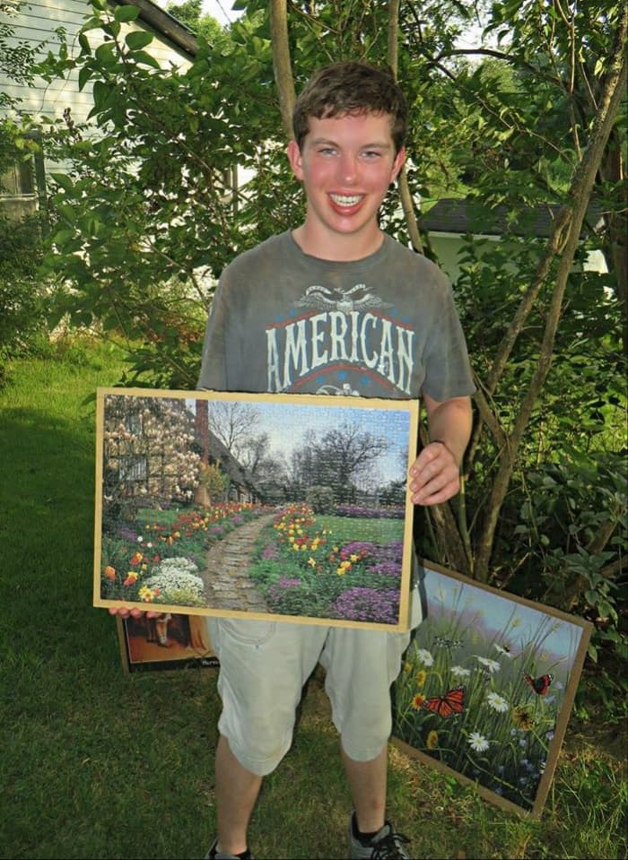 Grantley Waters and his English Spring jigsaw puzzle, this is a fun thing to do to beat the summer time heat wave .