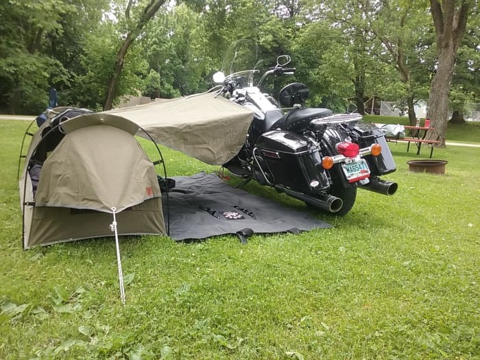Harley Davidson Road King set up at camp with the Wingman For the Road canvas tent - designed by motorcyclist and made for a motorcyclist!