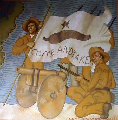 The "Come and Take It" mural at the Gonzales Museum, with the historic "Come and Take It" Texas flag