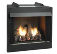 Ventless gas log fireplace fire box keeps heat where it belongs and can be completely hidden inside a mantle or custom built into a wall.