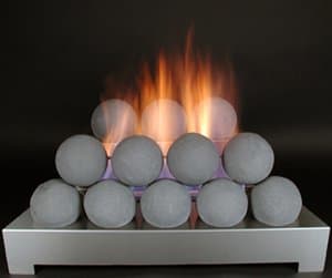 Vent free gas logs without ceramic logs take various shapes, including fire balls often referred to as cannonball fires.