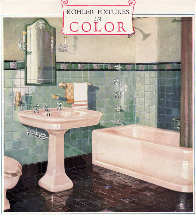 Where most of the fixtures offered during the first half of the 1920s were almost always white, color was the innovation that manufacturers dangled enticingly to homeowners after 1925. Colors from the late 20s forward were available at a small additi