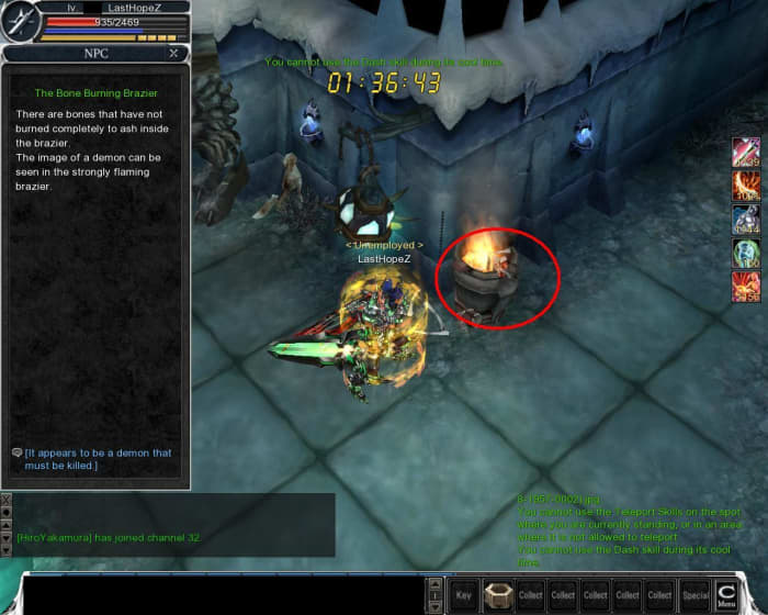 After that QUICKLY click the brazier to activate the barrier to block the Ice Ghoul Warrior from following you behind.