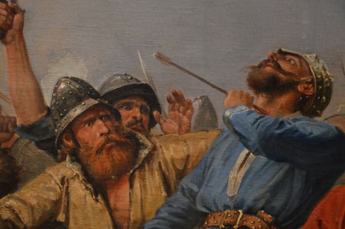 Detail of a painting that depicts Harald's end through an English arrow to the throat. Fighting to the death, he would have taken a long time to die, dropping to his knees out of sight behind the Norse shieldwall