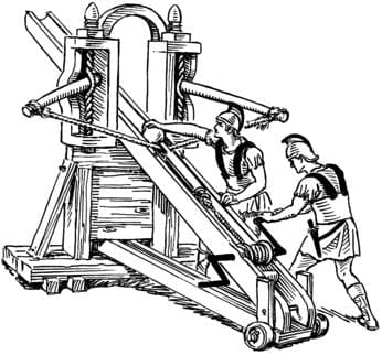 The ballista: A siege weapon utilizing the same principles as the crossbow that fired bronze bolts capable of piercing armor.