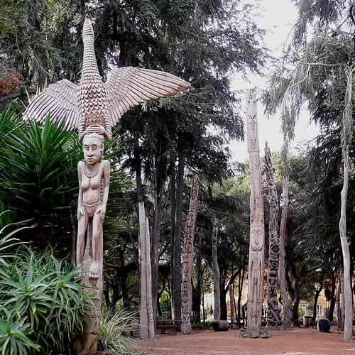 Traditional Papua New Guinean poles displayed at Stanford University. Carved and sculpted poles have been created for millennia around the Pacific Rim and in other places.