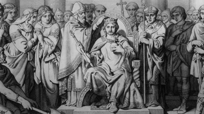Coronation of king Harold II, a more realistic, Victorian rendition of the Bayeux image