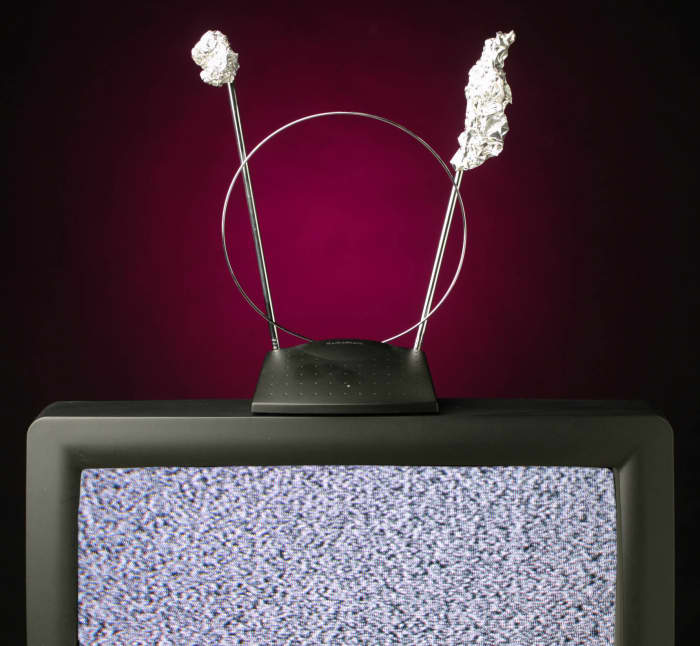 "Rabbit Ears' antenna. Didn't work well, but better than nothing. You had to constantly move the thing to improve picture quality.
