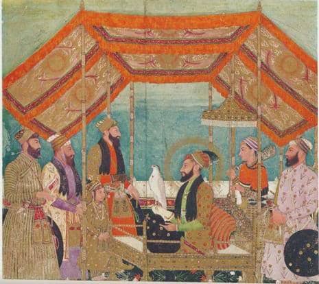 Young Prince Mohammad Azam with his father Emperor Aurangzeb Alamgir, Man standing behind the emperor is Shaista Khan (purple dress).