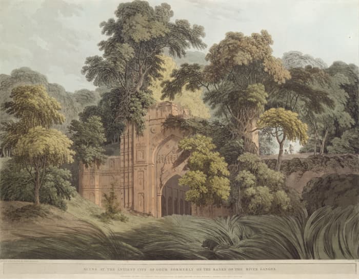 Ruins at the Antient City of Gour formerly on the Banks of the River Ganges; an aquatint by Thomas Daniell, 1795