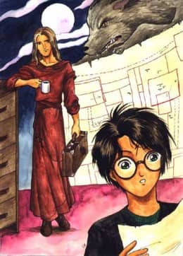 This picture of Lupin and Harry captures the way Lupin looks out for Harry. The addition of the Marauders map and Scabbers also links it to the books very well.