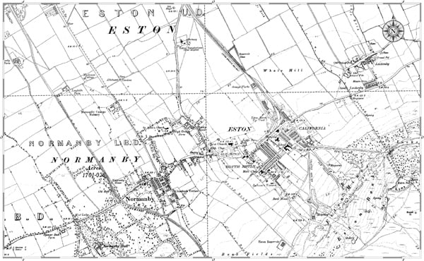 At Eston mine tramways fan out bottom right to the drifts at New Bank, Old Bank and Trustee, through which Upsall Pit's ore passed. Standard gauge wagons carried raw ore from the Tip Yard Eston to the crusher at Grangetown until closure 1949