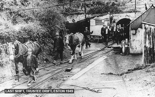 Last shift exits Trustee Drift, 18th September, 1949, bringing out the 'Osses' that brought the laden wagons to the cable drum. This tramway joined the one from New Bank just above Low Drum