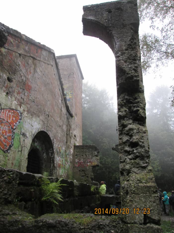 Looking up at one of the buttresses on the SS Castle - Guibal Fan House and drift entrance near the 1871 Wilton-Guisborough cart road bridge over the wagon tramway