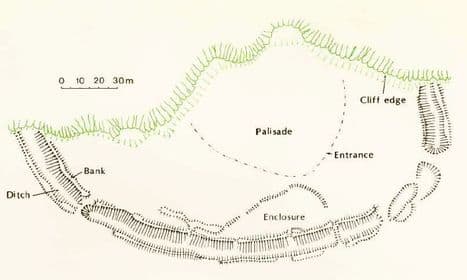 A plan of the Iron Age Hill Fort. Seen from ground level the perimeter is well marked out with its now shallow ditch