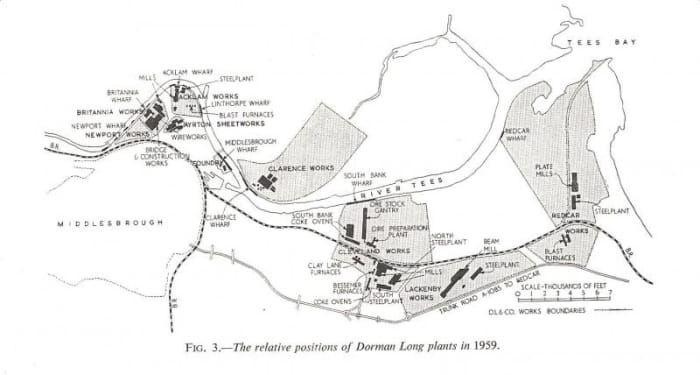 Dorman Long's holdings on Teesside in The Works,1959. Dorman Long owned Eston Mines until closure in 1949, by which time much of the stone came in by sea to Eston Jetty and westward along the Tees.