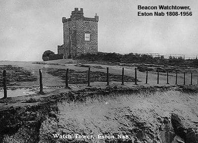 The earlier beacon tower built during the Napoleonic War in 1808, demolished in 1956 with a huge crack in its north-east wall - replaced by...