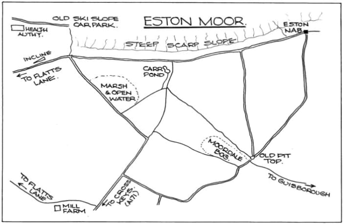 Eston Moor with the rim of the escarpment - top - and footpaths to the old mine and cottages (Upsall Pit)