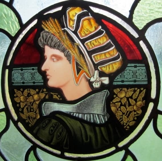 Detail from a stained and leaded glass window used in a Gothic library designed by Restoration Decor and Consulting.