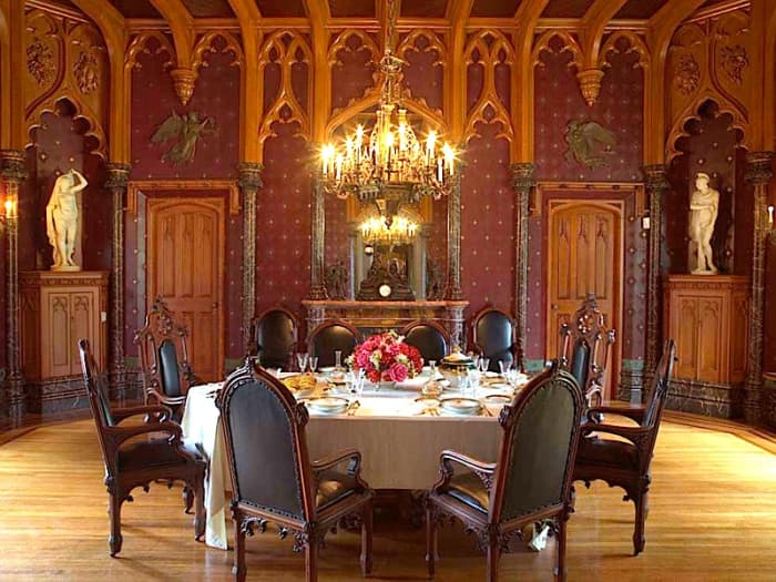 The dining room at historic Lyndhurst Castle in Tarrytown, NY. Designed by Alexander Jackson Davis, the room was built in the 1860s.