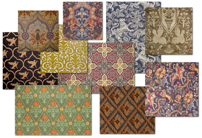 Fabrics that feature gothic motifs and, in some cases, reproduce original gothic revival designs. The fabrics shown in the upper and lower left corners of the fabric montage below are reproductions of original Pugin designs. All fabrics courtesy of