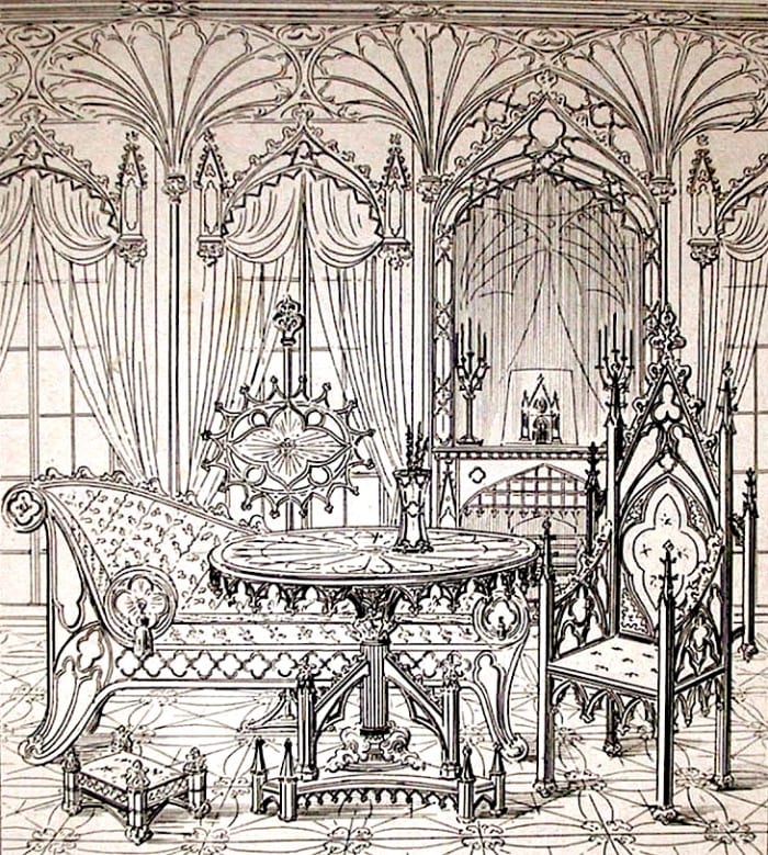 A reproduction of one of the Gothic room illustrations from the original 1841 publication of "True Principles of Pointed or Christian Architecture" by Augustus Welby Pugin.