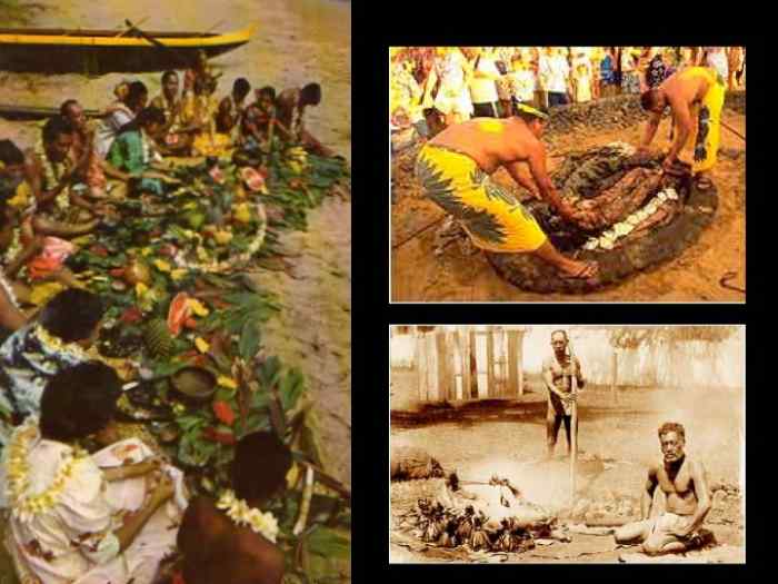 Ancient Hawaiian lu'au. Top right: preparing the imu, or underground oven.