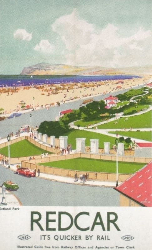 Idealised Redcar Beach looking towards Huntcliff from late 1940s LNER railway poster. The local authority is in the process of restoring the sea front or Esplanade for much of its length.