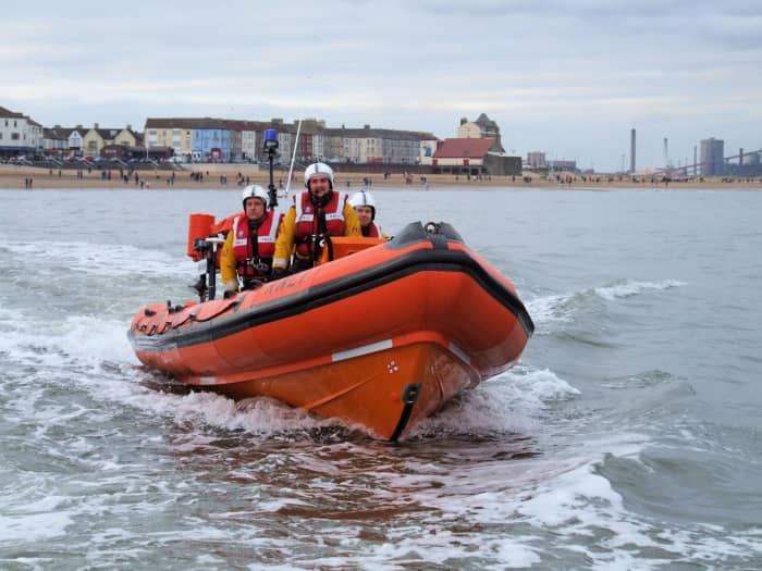 This is the modern RNLI Redcar Lifeboat, see offshore on the day of the Tesco Boxing Day Dip (see below), 2008