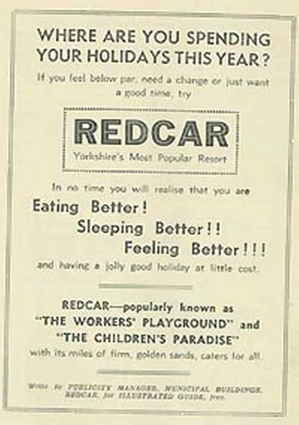 Local press advert from the 1950s for family breaks in Redcar - children's holiday welfare features strongly