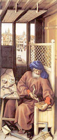 Third panel of the Mérode triptych St.Joseph,husband of Mary constructing a mouse trap. IT SYMBOLIZE CHRIST TRAPPING AND DEFEATING THE DEVIL