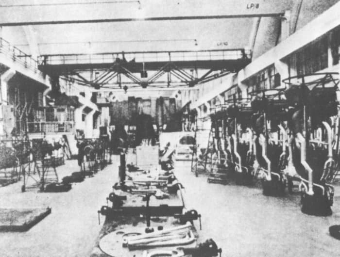 V2 engine production at the underground factory at the Mittelbau-Dora concentration complex near Nordhausen just south of the Harz mountains. 1945.