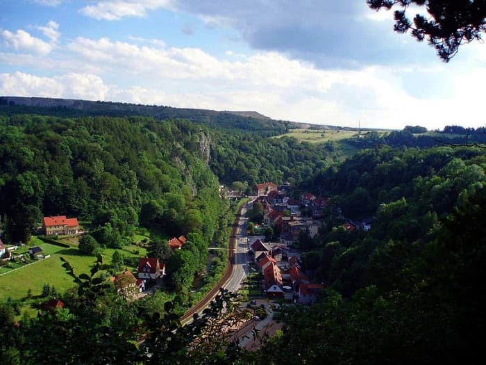 View from Schornsteinberg of the village of Rubeland in the Harz Mountains of Germany