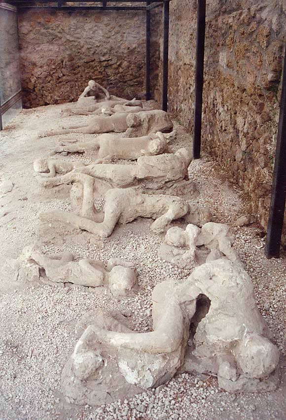 The casts of the corpses of a group of human victim of the 79 AD eruption of the Vesuvius, found in the so-called “Garden of the fugitives” in Pompeii.