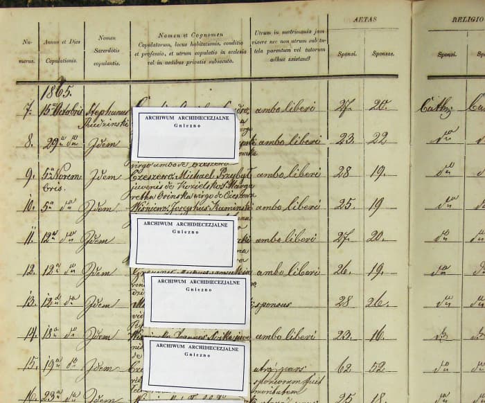 This is a photocopy of the original, handwritten marriage records of Michael and Margaretha Przybyl. (Married in 1865)