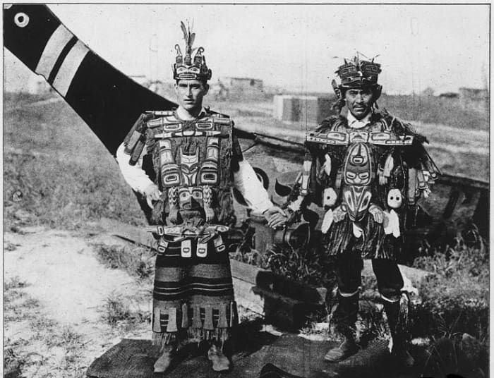 The peoples of Metlakatla, British Columbia and Metlakatla, Alaska -- Postcard of Two Kwakiutl Gentlemen. Displayed at the St. Louis World's Fair in 1904.