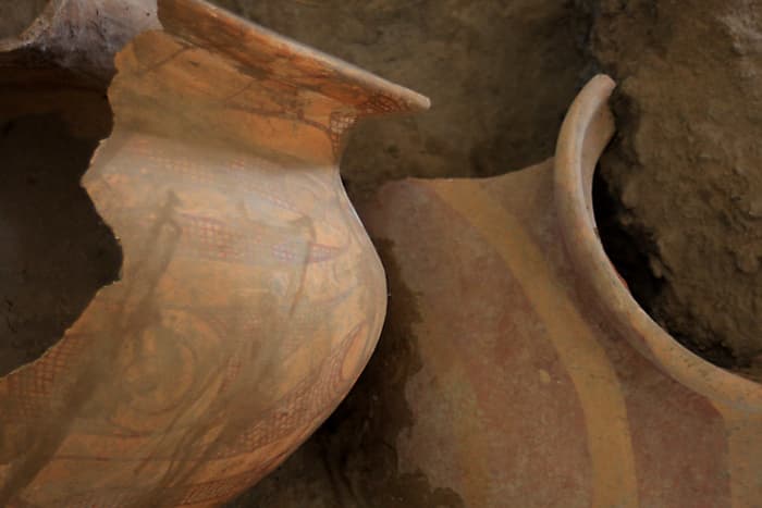 Pots found at the village of Ban Chiang in Udon Thani Province, about 30 miles (50 km) east of the City of Udon Thani, and now on display in the Ban Chiang Museum