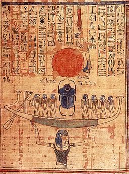 The sun God is raised to the sky by the God Nun to bring about the beginning of time