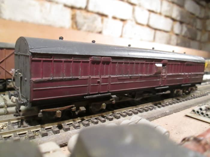 Ian Kirk non-corridor passenger brake bought from fellow DOGA member and modified - Fox bogies, as originally fitted, replaced couplings