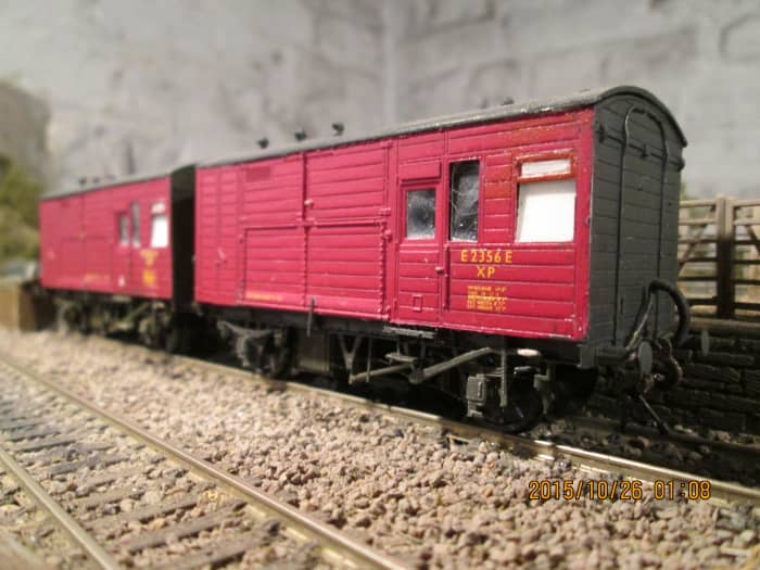 A pair of Parkside LNER horseboxes in early British Railways' livery at the Thoraldby livestock dock awaiting collection (30 were built in 1938 to this diagram, 26 allocated to Newmarket, one each to Malton, Leyburn, Kennet and Acklington