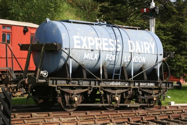 Still on the subject of bovine transport, let's look at milk conveyance: Express Dairy, 6-wheel milk tank wagon at Goathland on the NYMR