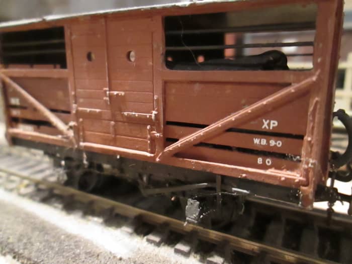 Close-up of one of the Parkside LNER/BR cattle wagons I built for the Thoraldby layout, vacuum pipes and screw couplings for fast working or for attachment behind a loco on local passenger diagrams