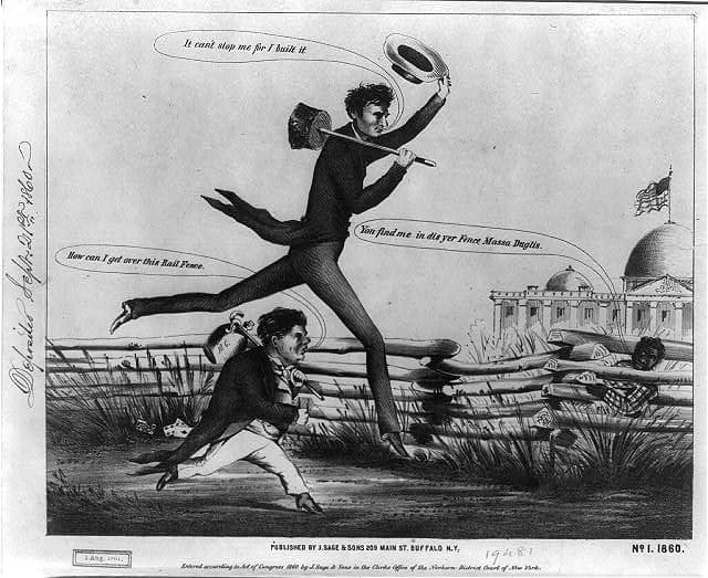 Political cartoon featuring Lincoln and political opponent Stephen Douglas. The lanky "railsplitter " was often cruelly satirized during his political career.