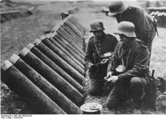 1916, german western front, 18cm calibre "Gaswerfer" are prepared. Mortar-like devices to throw containers with poisonous gas into enemy positions.