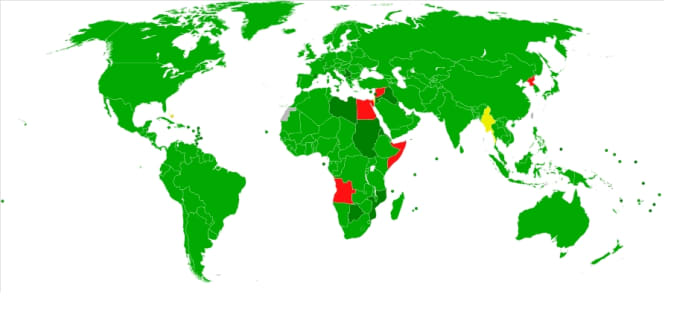 Participation in the Chemical Weapons Convention as of March 27, 2009: Signed and ratified - lt green; Acceding or succeeding - dk green; Only signed - yellow; Non-signatory - red.