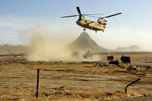 U.S. Army CH-47 Chinook helicopter offloading soldiers near the Arghandab district in Afghanistan's Kandahar province, Jan. 31, 2011.
