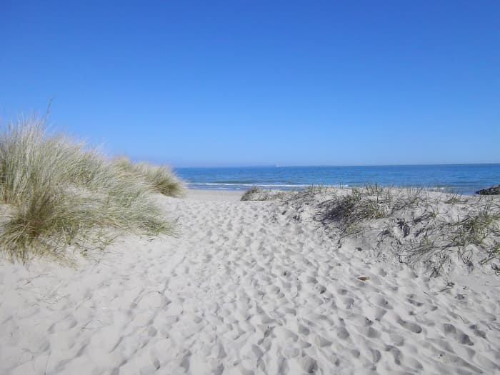 Blue sky, blue sea and soft white sand. And on the day we visited not another soul in sight, clothed or otherwise!