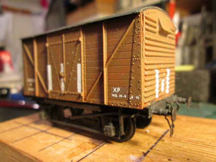 'Shoc-vans built to' prevent breakages - common to ordinary wagons, from shunting and sudden braking. Vertical white stripes denoted wagon type (Modelmaster and Fox . Transfers. Detailed with MJT sprung buffer heads and Smith's instanter couplings)
