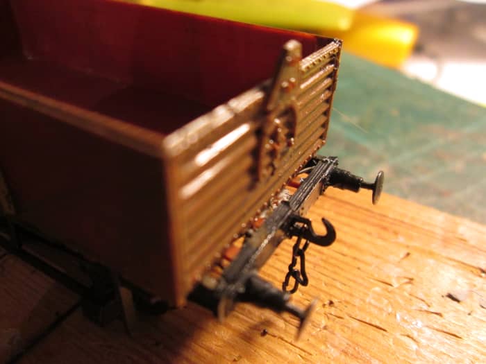 In the course of completion, at the painting stage, a 'Shoc open' wagon also for breakables. Both Peco Parkside models with decals included. Top rails were discarded in later years, fittings left in situ