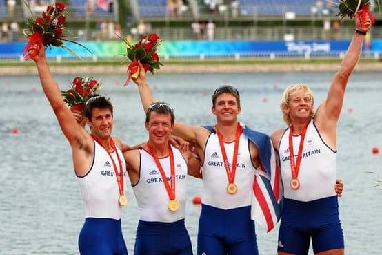 2012 OLYMPIC GOLDEN BOYS ... Tom James (left) in Beijing with Steve Williams, Pete Reed and Andrew Triggs Hodge